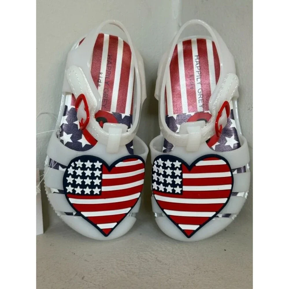 Happily Grey Kids White Jelly Sandals USA Flag Heart Size 6 NWT